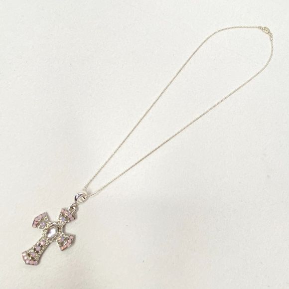 Cross Pendant Opalescent And  Clear Rhinestones Pave Silver Tone Ball Chain - Picture 3 of 10